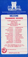 York City v Tranmere Rovers Match Programme 1982-01-23