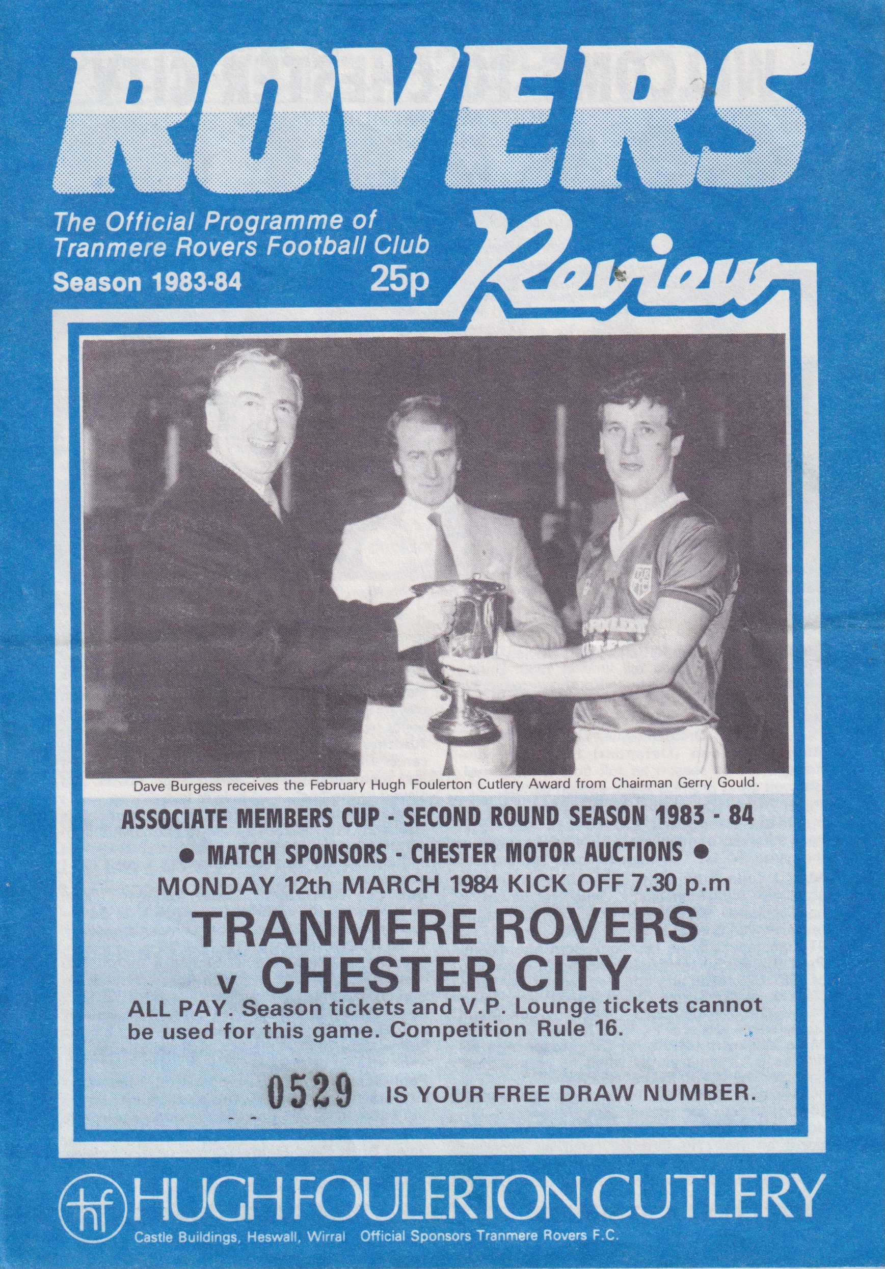 Match Programme For {home}} 4-1 Chester, Associate Members Cup, 1984-03-12