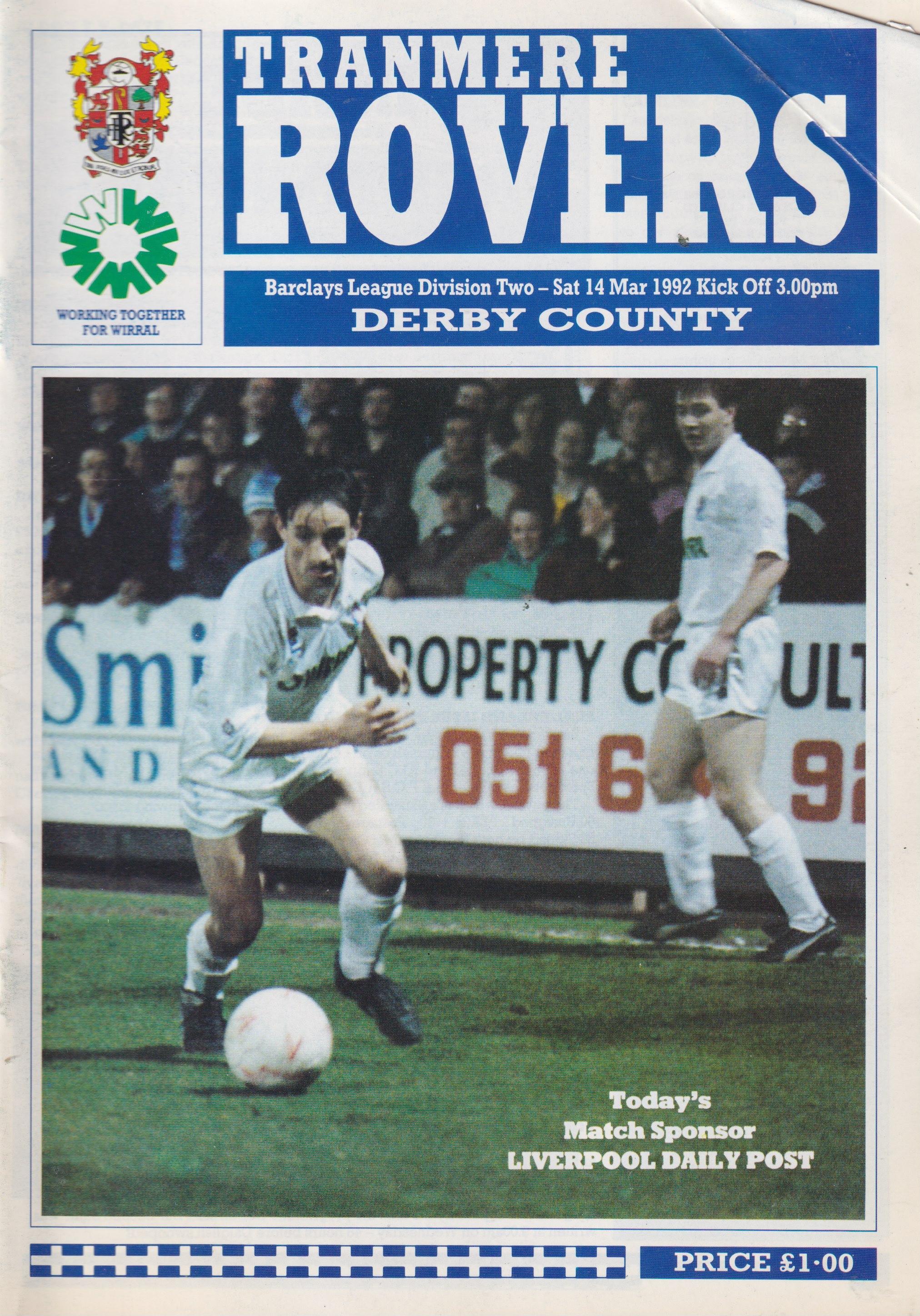 Match Programme For {home}} 4-3 Derby County, League, 1992-03-14