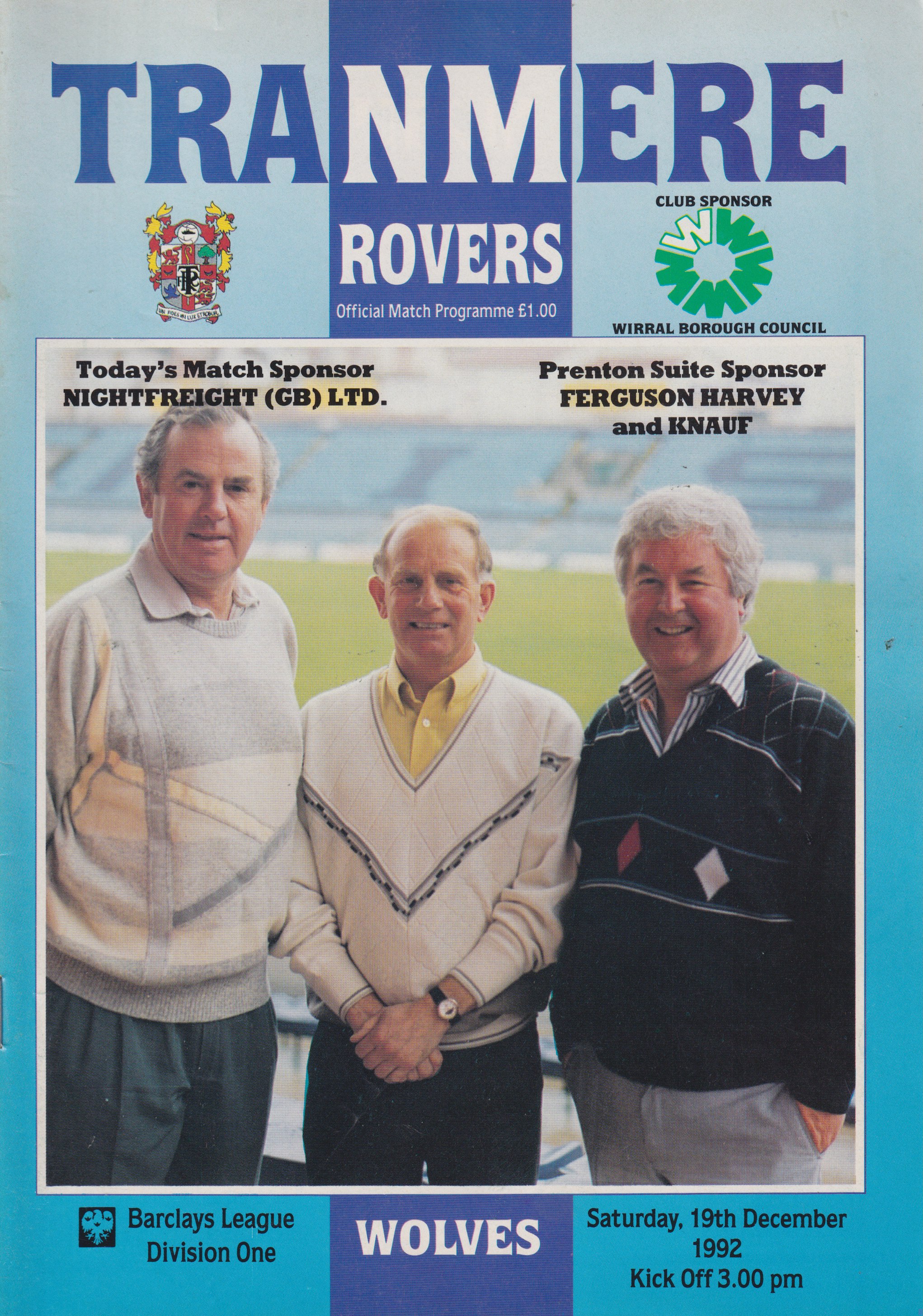 Match Programme For {home}} 3-0 Wolverhampton Wanderers, League, 1992-12-19