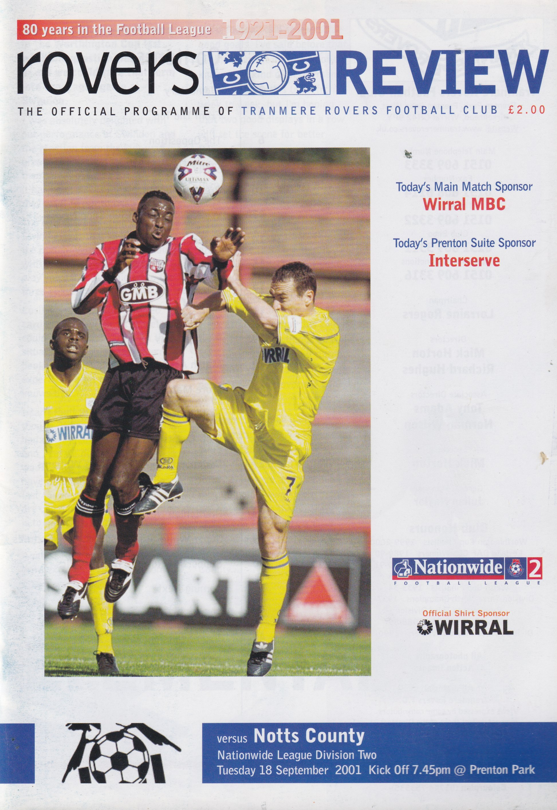 Match Programme For {home}} 4-2 Notts County, League, 2001-09-18