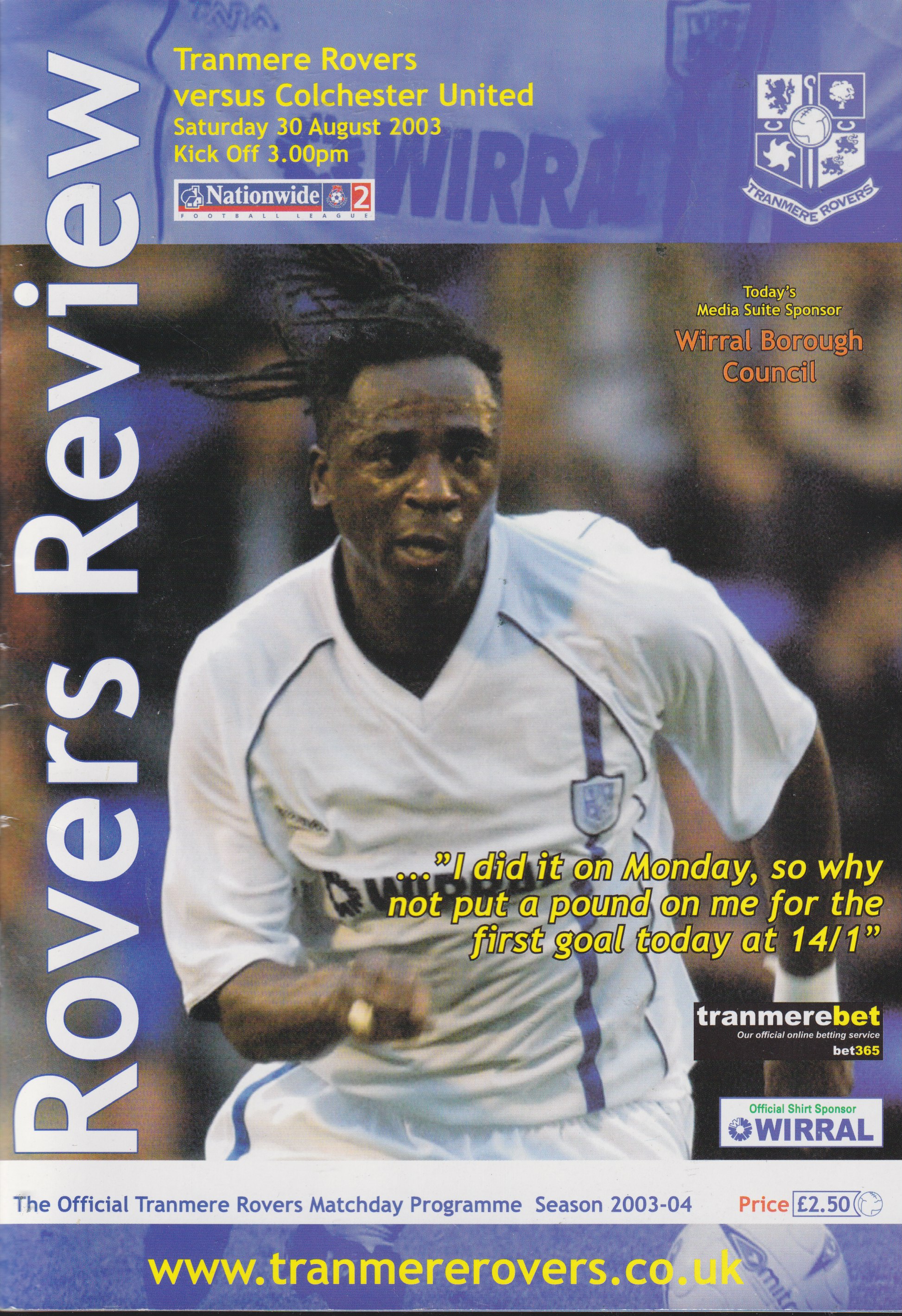 Match Programme For {home}} 1-1 Colchester United, League, 2003-08-30